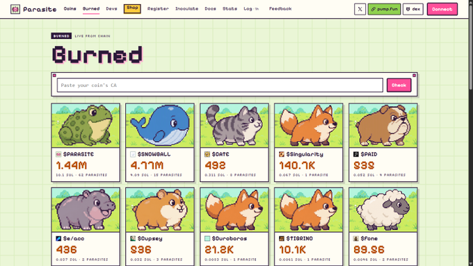 A screenshot of a cryptocurrency token listing page on Parasite Chain titled 'Burned,' displaying various animal-themed meme coins (PARASITE, SNOWBALL, GATC, etc.) with their market caps and a field to paste a coin's CA.