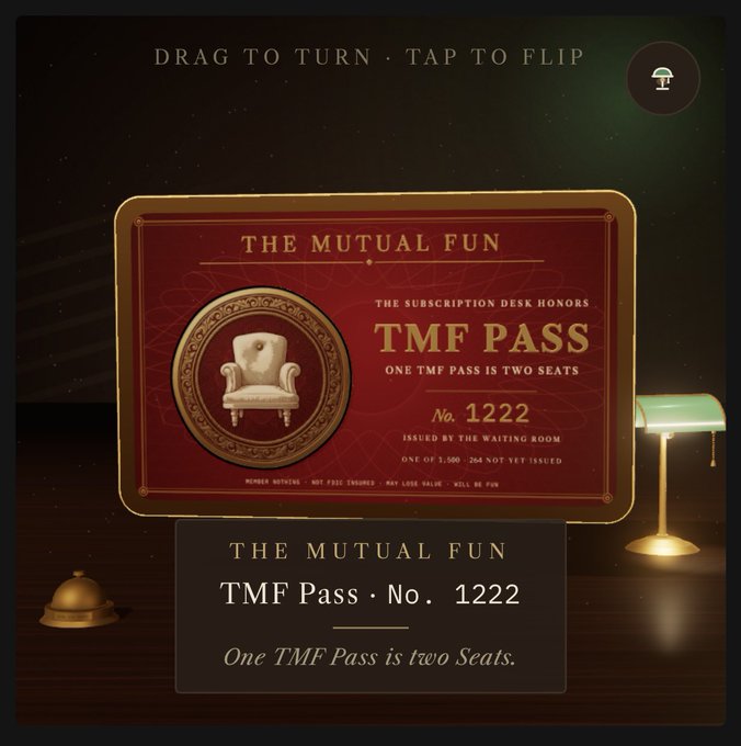 A digital 'TMF Pass' card for The Mutual Fun, numbered 1222, with text 'ONE TMF PASS IS TWO SEATS' displayed on a wooden surface with a green lamp.