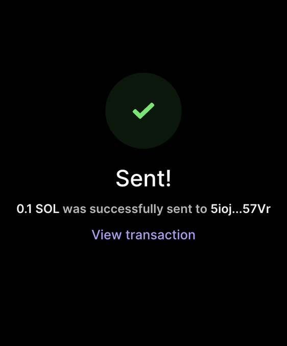 A confirmation screen displays a successful transaction, showing "Sent! 0.1 SOL was successfully sent to 5ioj...57Vr" with a green checkmark and a "View transaction" link. The image illustrates the action mentioned in the post of sending SOL tokens.