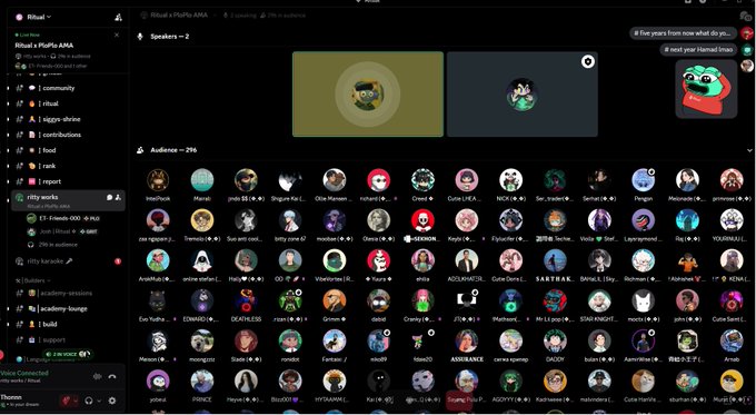 A Discord server interface for 'Ritual' showing multiple audio channels, speakers in voice call, and an audience count of 296 with various user avatars.