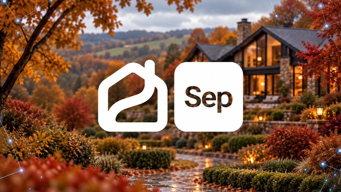 The image features a cozy autumn scene with a rustic home surrounded by vibrant fall foliage, overlaid with a house-shaped logo and a tile displaying "Sep," visually representing Propy's September recap and its autumn-themed milestone celebrations.