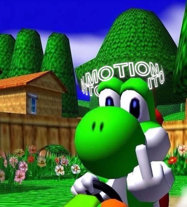 A low-poly 3D rendering of Yoshi (the green dinosaur from Mario) in a kart, set against a green hilly landscape with a "MOTION CAPTURE" logo overlaid.