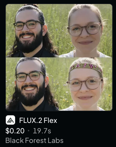 A FLUX.2 Flex image generation interface by Black Forest Labs showing before/after portraits of a man and woman, priced at $0.20 taking 19.7s.