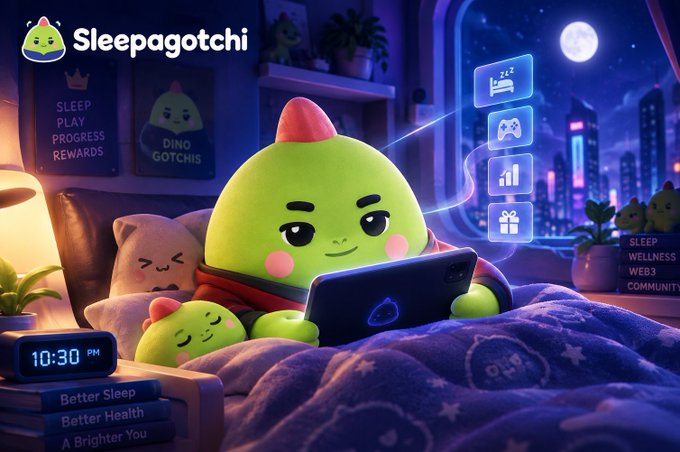 A "Sleepagotchi" branded image shows a green cartoon character in bed using a tablet at 10:30 PM, surrounded by app interface elements like "Sleep, Play, Progress, Rewards" and "Dino Gotchis," visually representing the sleep-tracking gamified app concept mentioned in the post about its daily active users and retention metrics.