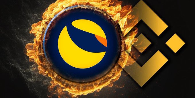 A burning LUNC logo engulfed in flames next to the Binance logo, symbolizing the call to action for Binance CEO CZ to burn 4.3 trillion LUNC tokens overnight.