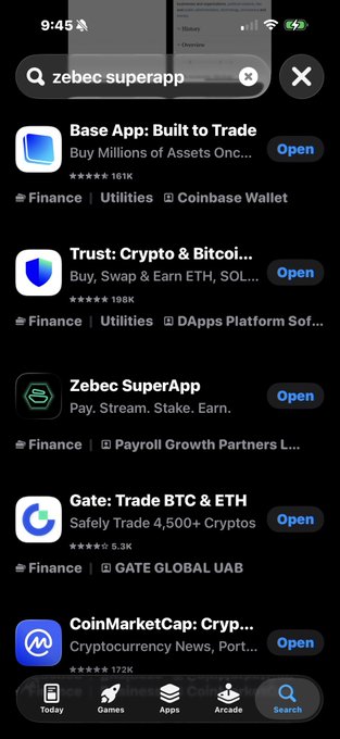 An iPhone App Store search results page shows results for 'zebec superapp' including apps like 'Base App: Built to Trade', 'Trust: Crypto & Bitcoin', 'Zebec SuperApp', 'Gate: Trade BTC & ETH', and 'CoinMarketCap'.