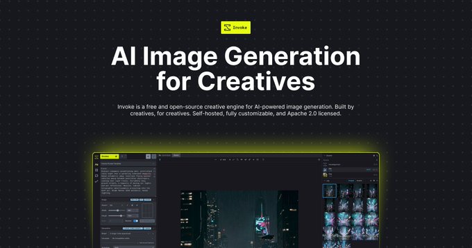 A promotional image for 'Invoke' displaying the text 'AI Image Generation for Creatives' above a screenshot of the software interface.