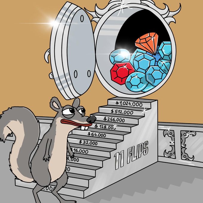 A cartoon illustration of a squirrel looking up at a vault filled with gems, standing next to stairs labeled '11 FLIPS' with monetary values ranging from $4,000 to $1,024,000.