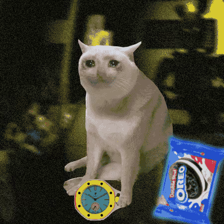 An edited image of a white cat sitting upright with a slight smile, accompanied by a superimposed yellow cartoon clock and an Oreo cookie package against a dark background.