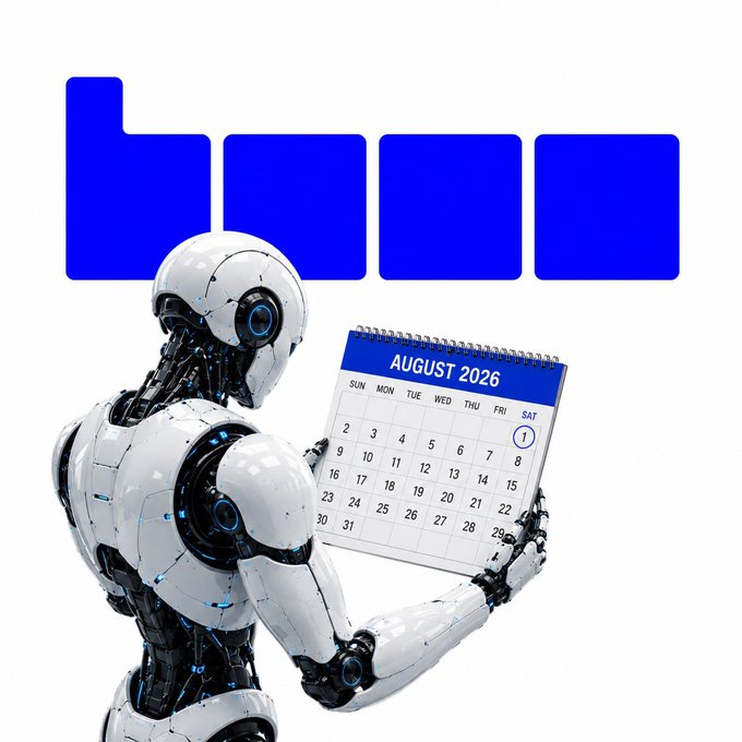 A humanoid robot holds a calendar displaying August 2026, set against a stylized blue "bm" logo. The image visually reinforces the post's tease of "Big month for AI on Base," symbolizing upcoming developments in the AI space.