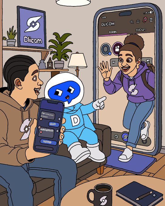 An illustration of three characters—a seated person holding a phone, a blue robot in the middle, and a woman emerging from a giant smartphone—branded with 'Dlicom' logos.