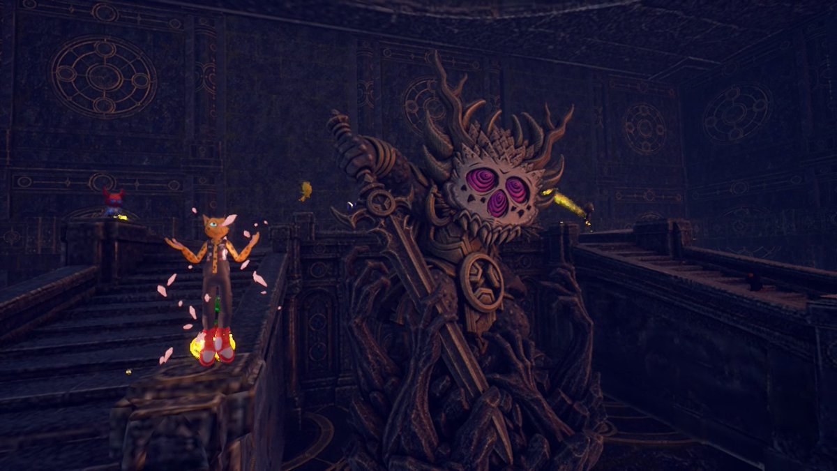 A scene from a pixel-style video game shows a small character in overalls and red shoes standing on stairs before a large menacing statue with glowing purple spiral eyes in a dark gothic hall.
