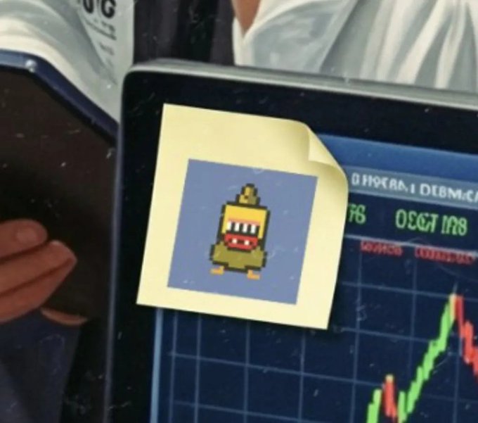 A humorous photo showing a pixel-art monster sticker pasted onto a tablet displaying a stock trading chart, held by a person whose reflection appears in the device's glossy bezel.