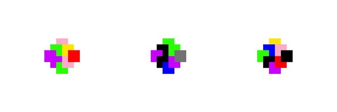 Three pixel art NFT-style icons consisting of randomly arranged colored squares (pink, green, red, purple, yellow) on a white background.