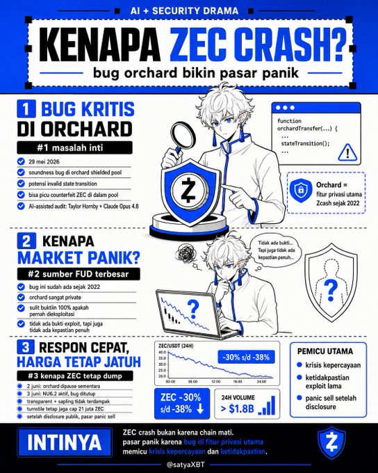 The main focus of this image appears to be about a security drama. The poster contains multiple bullet points explaining various issues surrounding the security of the cryptocurrency network ZEC, with key information like the bug found using Opus 4.8 that caused the crash being listed. The caption "Claude at it again? Zcash crashes 35% because of a bug found using Opus 4.8" suggests that this incident has had an impact on the cryptocurrency network and that there may have been further issues or vulnerabilities discovered.