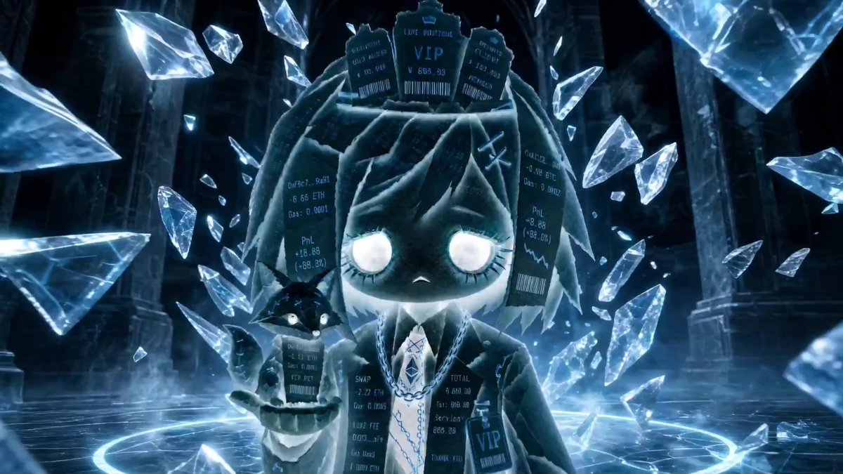 A ghostly chibi-style figure with glowing white eyes stands surrounded by floating ice shards, displaying multiple trading receipts and "VIP" tickets showing crypto losses (PnL -18.88%, -8.68 ETH, etc.) and gas fees, humorously illustrating the painful reality of "going broke" on-chain that the giveaway aims to help winners avoid.