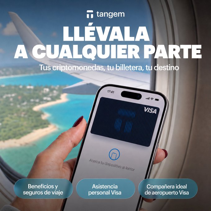 An advertisement for the Tangem crypto wallet featuring a hand holding a Visa card on a smartphone, with Spanish text 'LLÉVALA A CUALQUIER PARTE' and highlights of travel benefits.