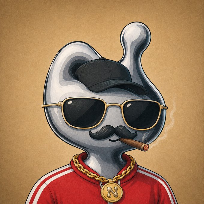 An artistic illustration depicts a gray, curved character wearing gold-rimmed sunglasses, a black baseball cap, a thick mustache, a gold chain with an 'N' pendant, and smoking a cigar.