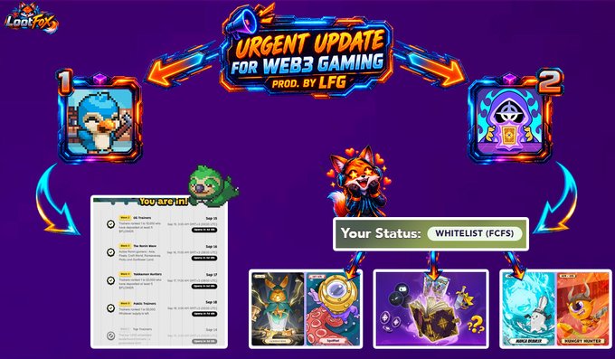 A promotional graphic for 'LOOTTOY' announcing an 'URGENT UPDATE FOR WEB3 GAMING' produced by LFG, showing numbered reward boxes, game thumbnails, and a status indicator reading 'WHITELIST (FCS)'.