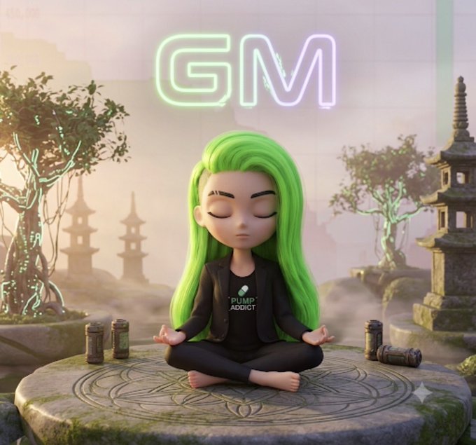 A 3D cartoon character with green hair meditates in a lotus pose on a stone platform, wearing a 'PUMP ADDICT' shirt beneath a glowing 'GM' sign.