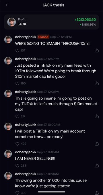 A screenshot of social media posts from user 'doheryjacck' celebrating a profit of +$213,060.60 (+8,810.86%), with messages urging followers to push toward a $10m market cap and stating 'I AM NEVER SELLING!!!'.