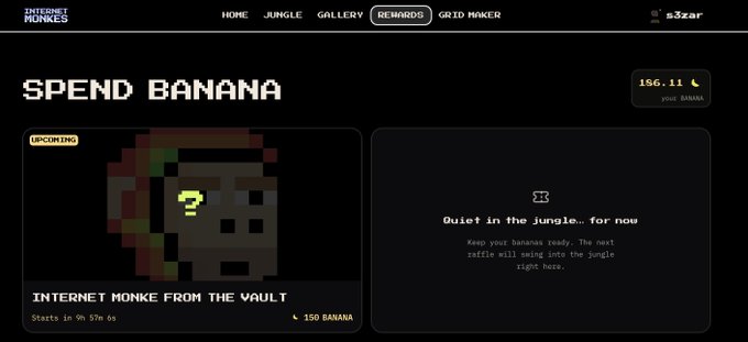 A screenshot of the 'Internet Monkes' website showing a 'SPEND BANANA' page with 156.11 bananas, highlighting an upcoming 'INTERNET MONKE FROM THE VAULT' raffle starting in 9h 57m 0s costing 150 bananas.