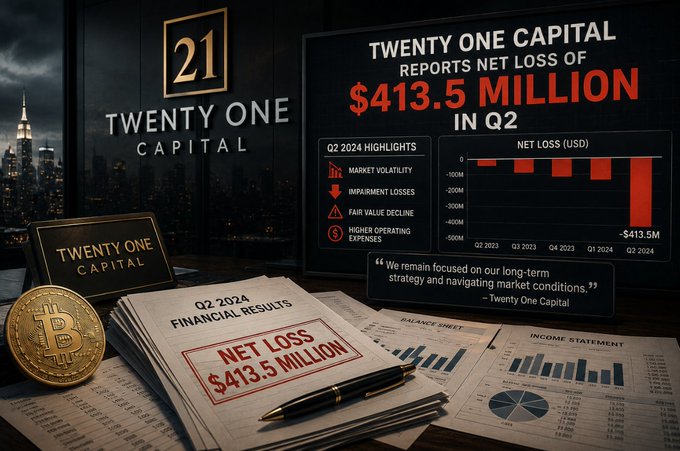 A graphic showing Twenty One Capital's Q2 2024 financial results, reporting a net loss of $413.5 million, with a chart and stack of newspapers displaying the headline.