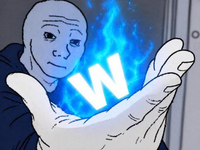 The image features a cartoon character, possibly a man or a woman, holding up a letter "W" with their hand. The background of the image is gray, which contrasts with the white letter "W." There are no other objects or texts in the image besides the letter "W," and it appears to be a simple, straightforward scene.