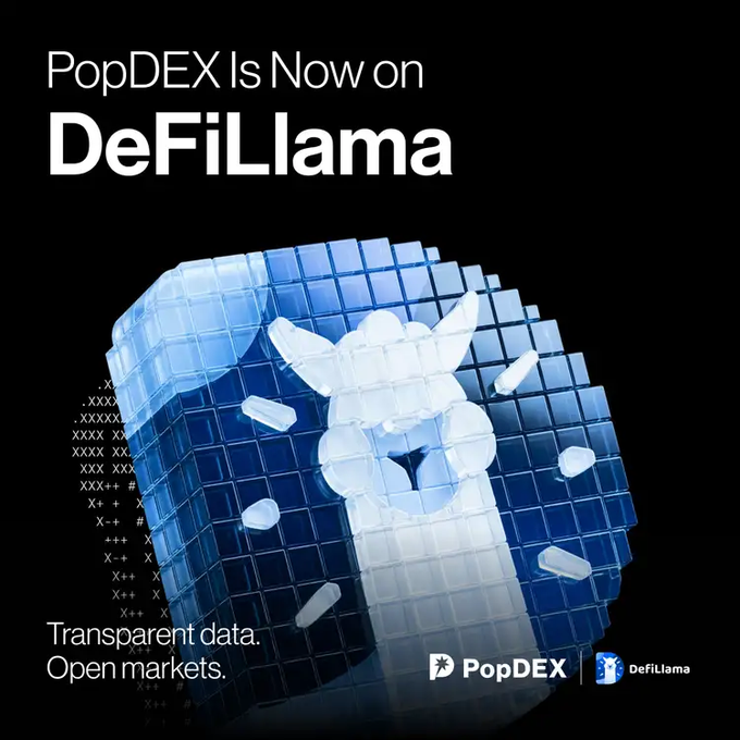 An advertisement stating 'PopDEX Is Now on DeFiLlama' with the tagline 'Transparent data. Open markets.', featuring a 3D pixelated cube design.