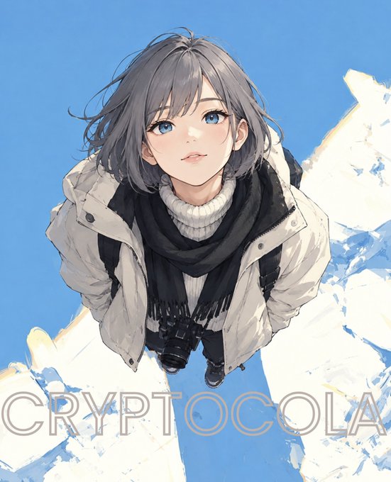 An anime-style illustration shows a girl with short gray hair, blue eyes, and a white winter jacket and scarf, with a camera around her neck, looking up against a blue sky; the text "CRYPTO COLA" is visible at the bottom.