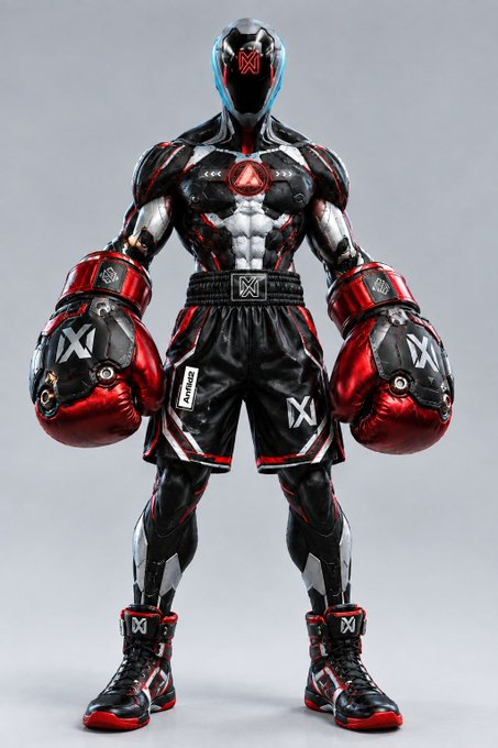 A futuristic robotic boxer with red, black, and silver armor stands victorious, featuring an "X" logo on the helmet and gloves, symbolizing Anfild2's triumphant win of the $500 top prize in the Daily Holders Competition.