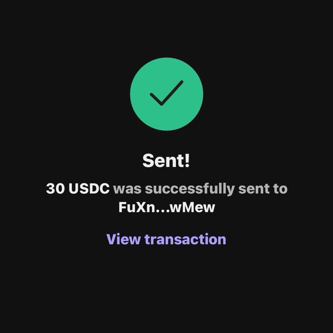 A confirmation screen showing a successful USDC transfer of 30 USDC to an address beginning with "FuXn...wMew," with a green checkmark and a "View transaction" link, serving as proof of an airdrop payout referenced in the post.