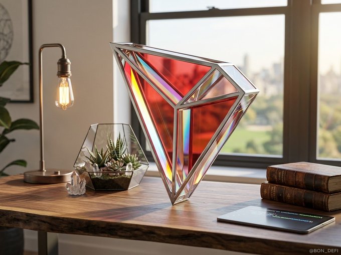 A geometric, triangular prism-shaped decorative object with iridescent red and rainbow-colored glass panels sits on a wooden desk alongside a lamp, books, and a tablet.