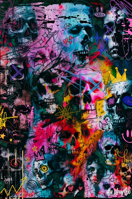 A vibrant, chaotic graffiti-style artwork featuring overlapping skulls in various colors, accented with neon stars, hearts, and doodles, signed 'afa chan/bo' in the corner.