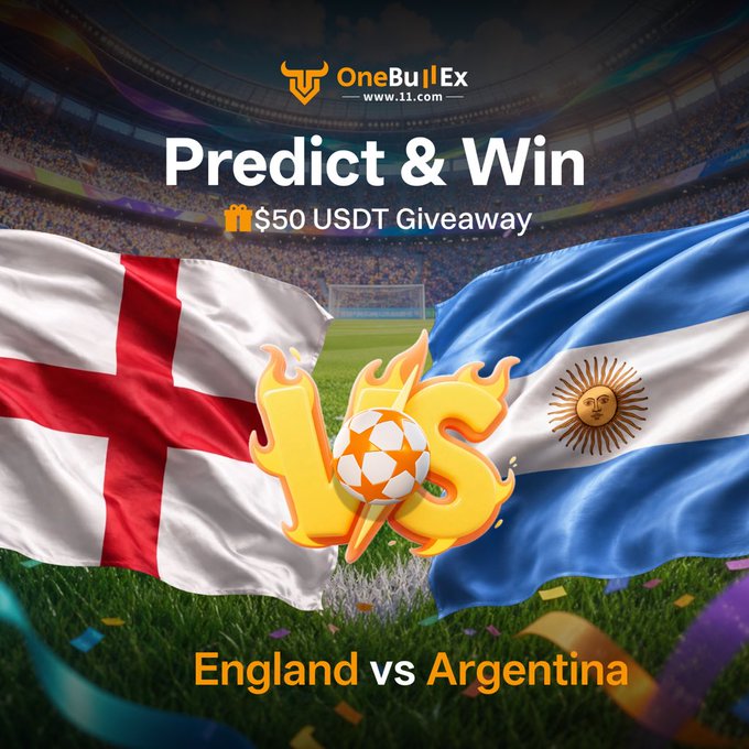 A promotional graphic for OneBullEx (www.11.com) advertising a "Predict & Win" $50 USDT giveaway for an England vs Argentina match, featuring the St. George's Cross and Argentine flags alongside a flaming soccer ball in a stadium setting—directly tying into the accompanying post where followers predict which team will advance to win $10 USDT each.