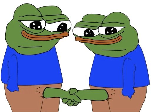 An illustration of two cartoon frogs in blue shirts holding hands with melancholic expressions, a popular 'sad frog' meme.