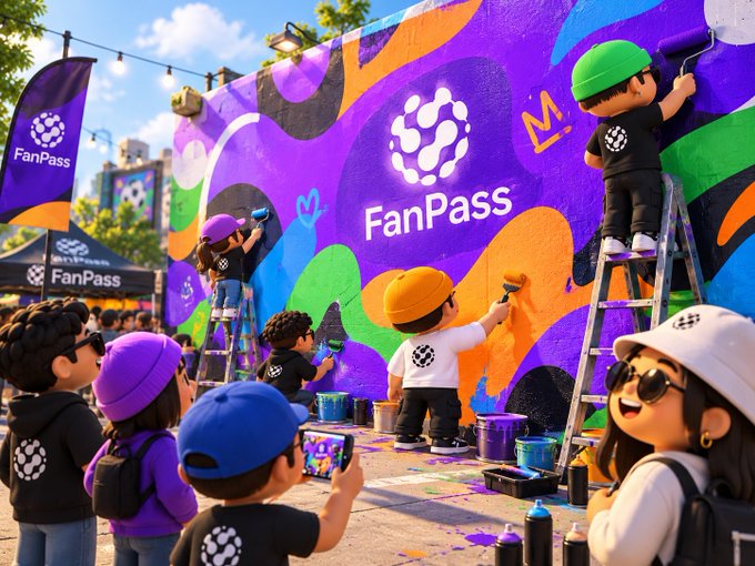 A vibrant 3D cartoon-style promotional image for 'FanPass' showing stylized characters painting a colorful mural featuring the FanPass logo and soccer ball designs.