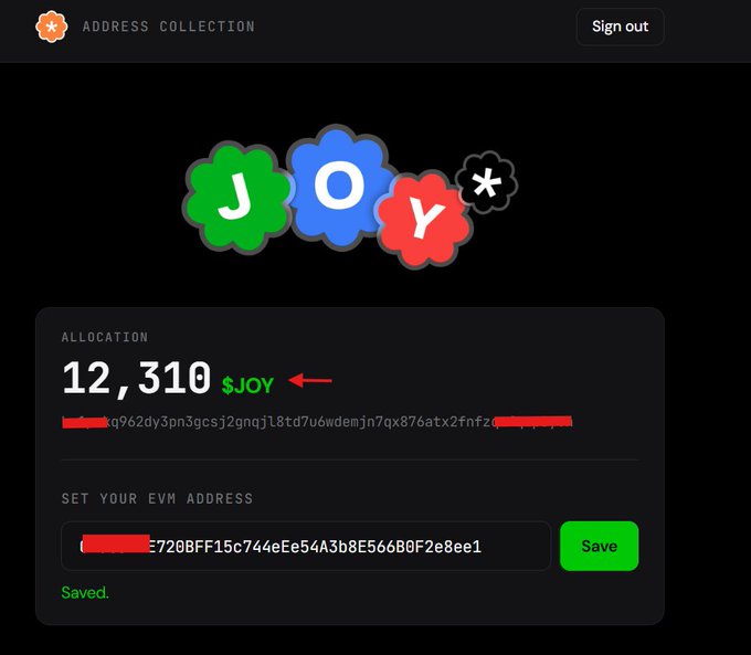 The image shows an "Address Collection" page for the $JOY airdrop, displaying an allocation of 12,310 $JOY tokens tied to a Bitcoin address and an input field where the user has set their EVM address (ending in ...E566B0F2e8ee1). This illustrates the post's claim of checking eligibility for the $JOY drop, showing that an allocation of 12,310 tokens was confirmed for the user.