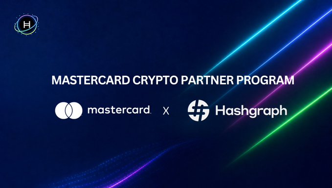 The image is a promotional graphic with a dark blue background featuring neon light streaks, announcing "MASTERCARD CRYPTO PARTNER PROGRAM" with the logos of both Mastercard and Hashgraph displayed side by side, visually representing the partnership mentioned in the post.