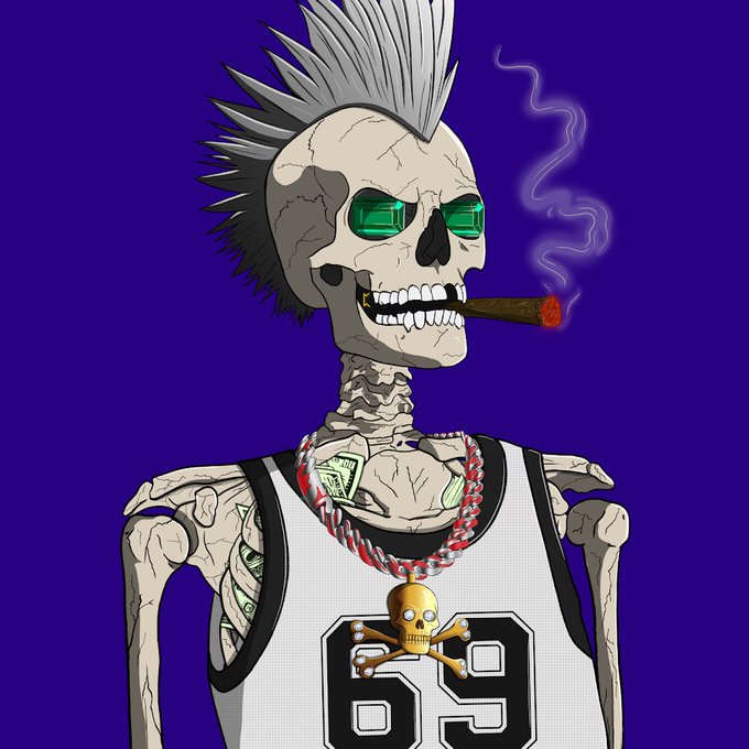 The image features a skeleton wearing a white jersey with the number 69, smoking a cigarette while standing against a purple background. The caption of the post reads "Huge shout out to @WizzyX for air dropping me this gorgeous Solana Deads money bones for the win! Thank you for the birthday gift brother". This suggests that the image is related to a celebration or event involving the skeleton and its money-related items, possibly as part of a themed party or gathering.
