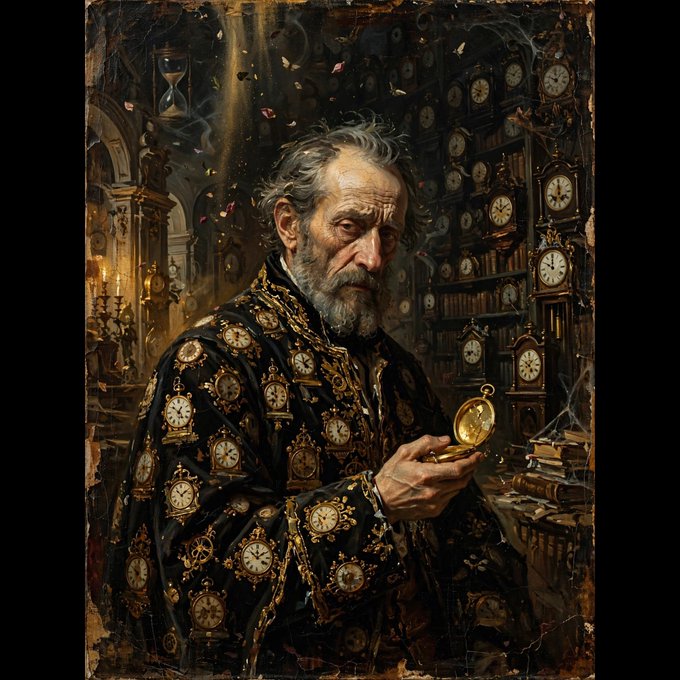 A painting of a bearded man in a dark coat covered in pocket watches, holding a gold pocket watch in a room filled with clocks and an hourglass.