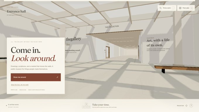 Screenshot of the Met Museum's virtual tour website showing an 'Entrance hall' with text 'Come in. Look around.' and a 'Show me around' button, featuring a 3D rendering of a museum gallery space.