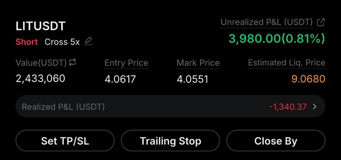 A cryptocurrency trading interface showing a LITUSDT short position with 5x cross leverage, entry price 4.0617, mark price 4.0551, an unrealized P&L of +3,980.00 (0.81%), and a realized P&L of -1,340.37.