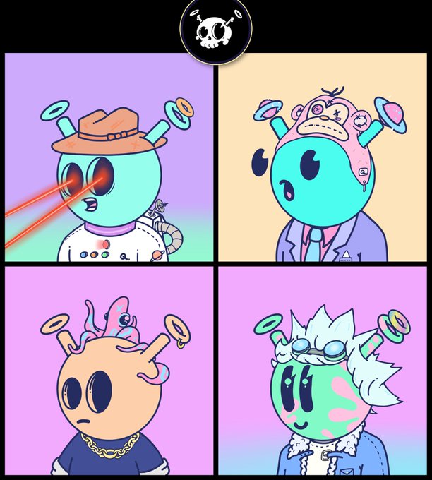 A four-panel illustration featuring a turquoise alien-like character in various costumes including a cowboy, businessman, streetwear, and winter outfits, with a small skull logo at the top.
