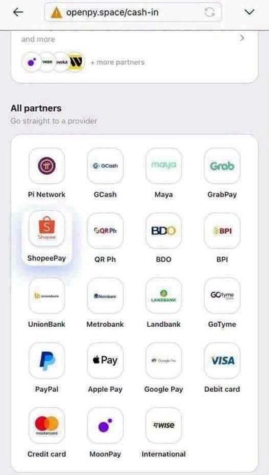 A mobile screen shows openpay.space/cash-in displaying partner payment options including Pi Network, GCash, Maya, GrabPay, ShopeePay, QR Ph, BDO, BPI, UnionBank, Metrobank, Landbank, GoTyme, PayPal, Apple Pay, Google Pay, Visa, Mastercard, MoonPay, and Wise.