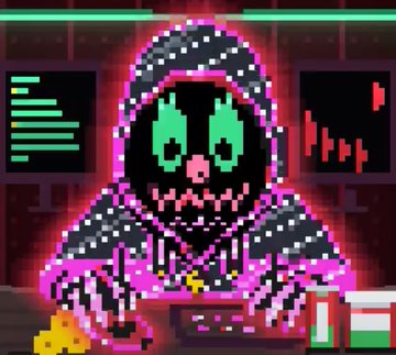 A pixel art grim reaper character with glowing green eyes and a hooded cloak sits at a desk in front of computer monitors displaying green code and a red price chart, with a stack of gold coins beside the keyboard—evoking the "Rektdooor" NFT mint mentioned in the post about a reaper-themed digital collectible releasing on OpenSea at 12 PM ET for 0.02 ETH.