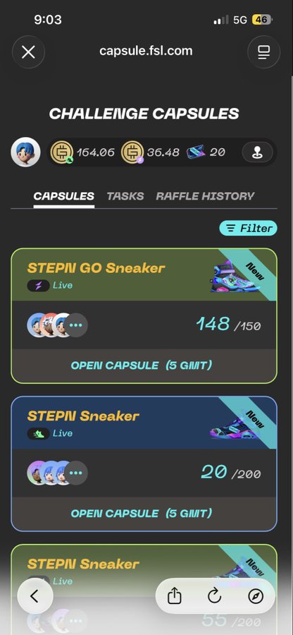 The image shows a cell phone screen displaying information about a challenge capsules game, with three different types of capsules displayed on the screen. The user has already completed two capsules, and there are still four more capsules left to complete. The game appears to be a step-by-step process that requires players to use their sneakers to progress through each stage.