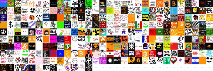 A dense collage/grid of numerous colorful Bitcoin and cryptocurrency logos, memes, and graphics including 'BITCOIN', 'BTC', 'HODL', and various pop-culture crypto-themed images.