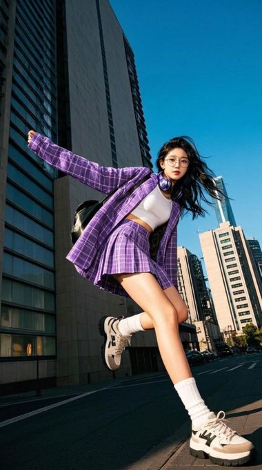 An AI-generated image of a young woman in a purple plaid school uniform-style outfit, white top, and chunky sneakers, posed dynamically in an urban setting with tall buildings.