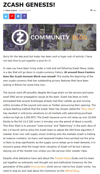 A blog post titled "ZCASH GENESIS!" by Gideon Ashpole dated October 28, 2016, announcing the Zcash Genesis Block and discussing Zcash's "Slow Start" launch.